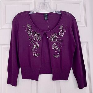 🆕 JC Penny Shrug Bolero Floral & Sequin Shimmer Embroidered Plum Cardigan Size S